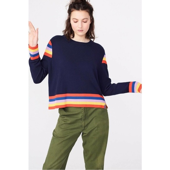 Kuhl Evelyn striped crew neck sweater navy blue rainbow stripe - Picture 2 of 10